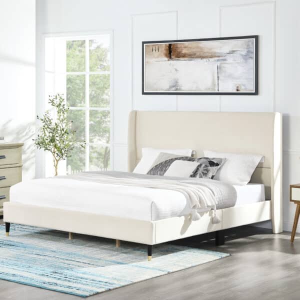 Beige Velvet Wingback Platform Bed with Padded Headboard - King