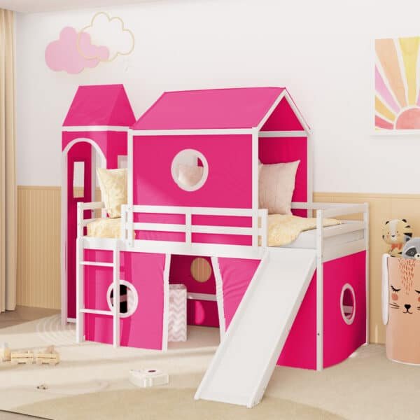 Pink Loft Bed with Slide - Fun Space-Saving Kids Bed with Playful Slide & Tent