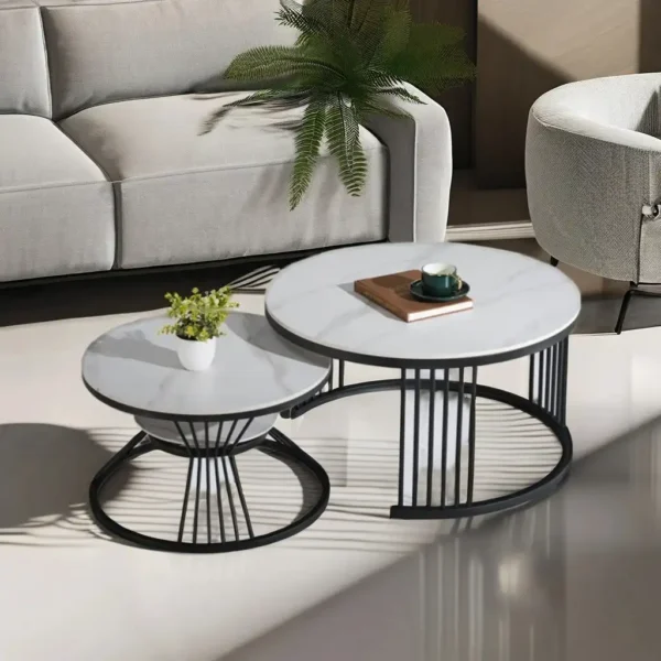 Contemporary Modern Design Combination Ceramic Steel Coffee Table Set Black Base with Table Top for Living Room Home Furniture