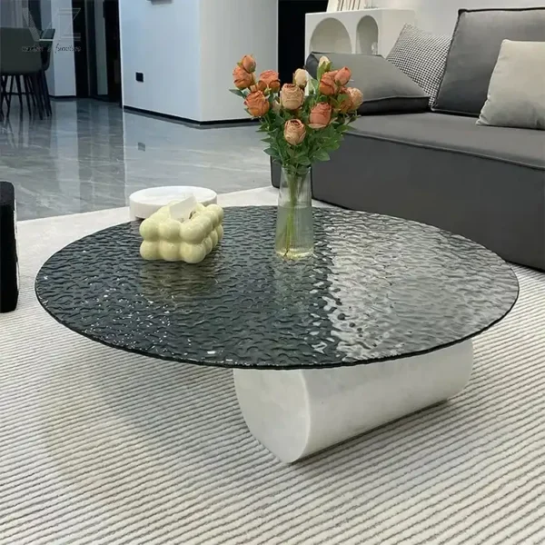 Living Room Modern Nordic Marble Stand Base Round Ripple Tempered Glass Table Basse Top Centre Coffee Table