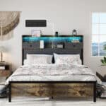Upholstered Queen Bed Frame with Storage Headboard and Charging Station - Vintage Brown - Image 2