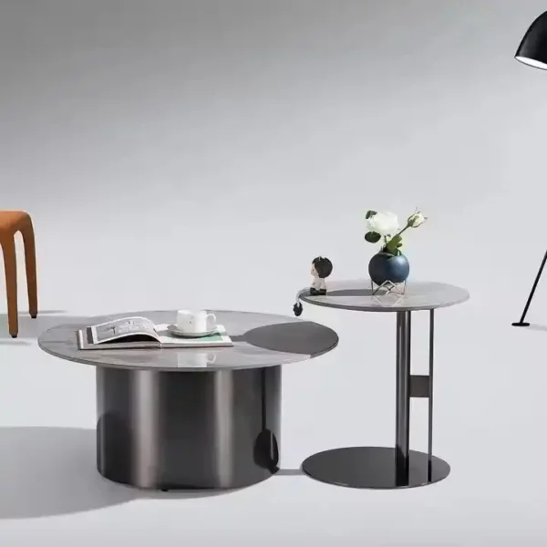 Italian Luxury Round Coffee Side Table Set Top Stone Metal Frame Coffee Table
