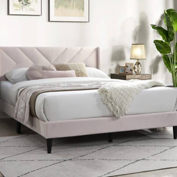 Velvet Queen Bed with Geometric Headboard - Light Pink