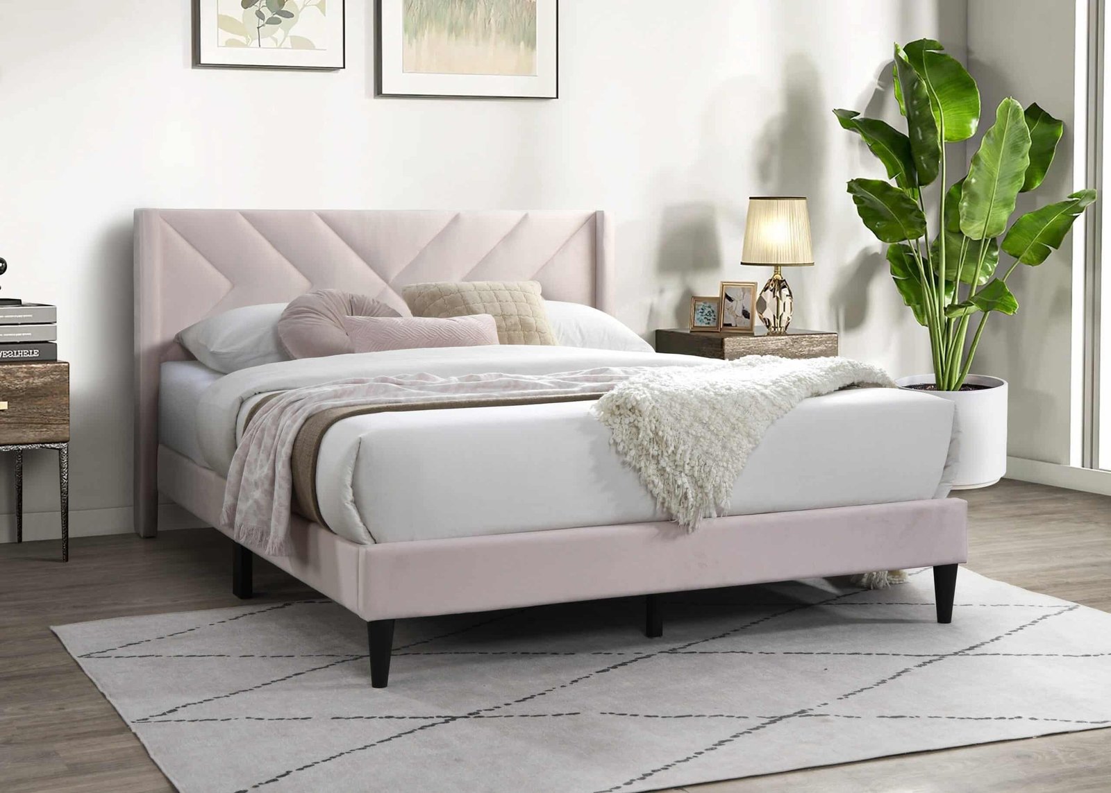 8da07b6115a0bb6e45857fa2f38f6a77 Velvet Queen Bed with Geometric Headboard - Light Pink - Image 1