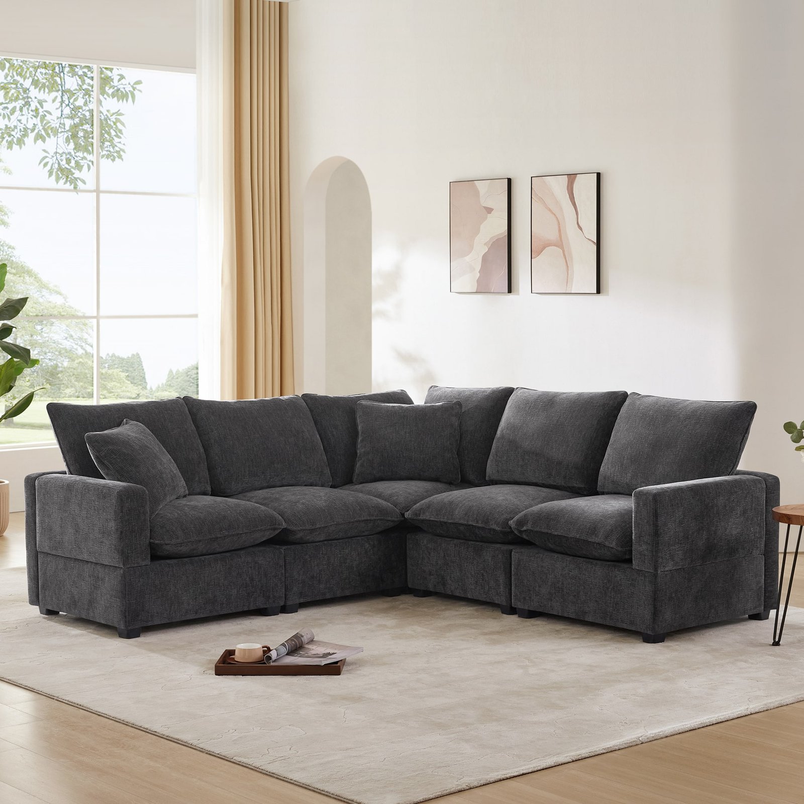 Chenille L-Shaped Modular Sofa with Reversible Cushions - 5-Seater - Available in 2 Colors
