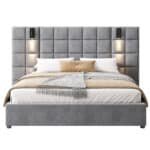 Velvet Queen Bed with Wide Headboard and USB Port - Grey - Image 3