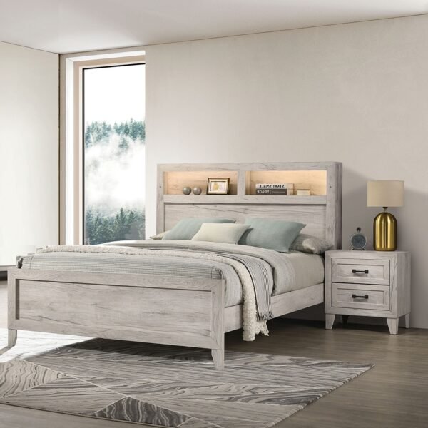 3pc Bedroom Furniture White wash Finish Queen Size Bed w Shelf Light 2x Nightstands Melamine Top Black Bar Pull