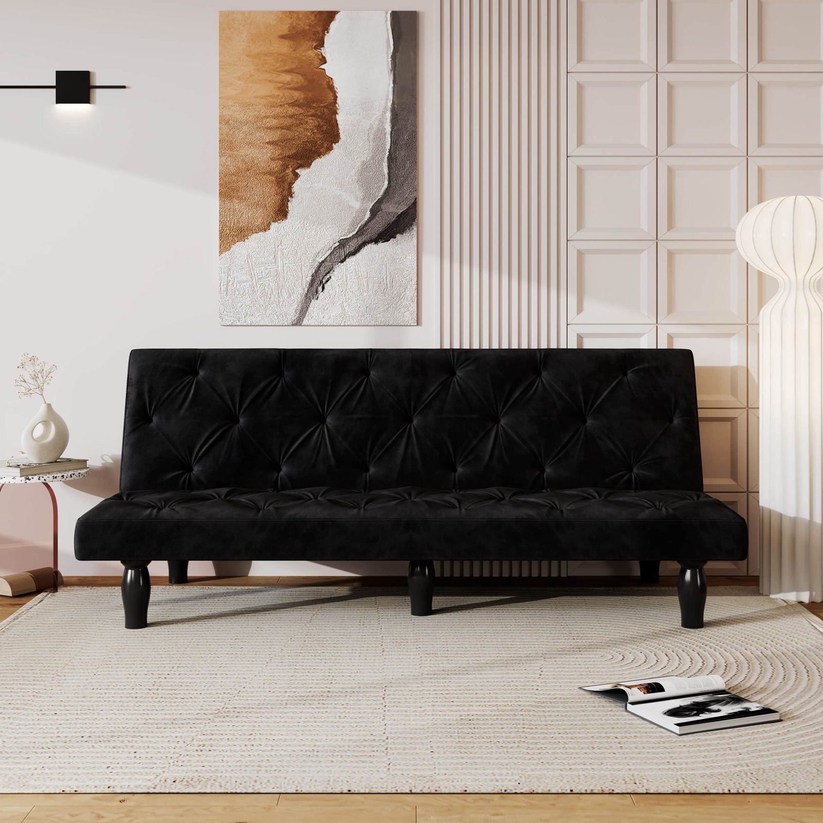 Velvet Sofa Bed with Tufted Design - 2-Seater - Black