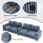 Corduroy L-Shaped Sofa with USB Ports and Hidden Storage - 4-Seater - Blue - Image 5