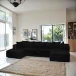 Striped Corduroy U-Shaped Sectional Sofa with Reversible Design - Black