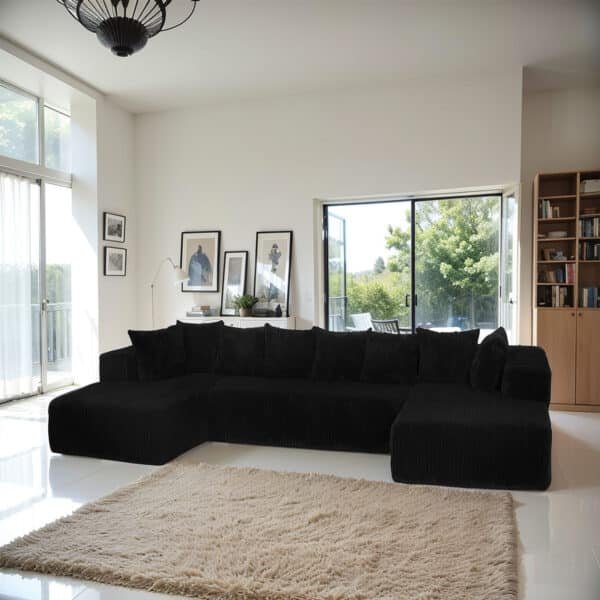 Striped Corduroy U-Shaped Sectional Sofa with Reversible Design - Black