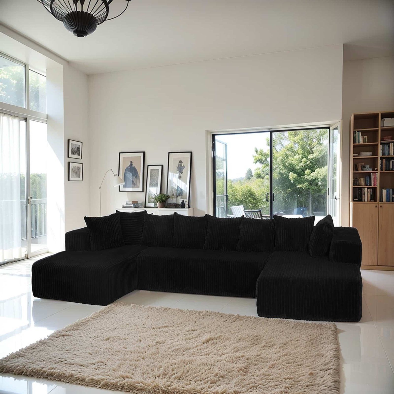 Striped Corduroy U-Shaped Sectional Sofa with Reversible Design - Black