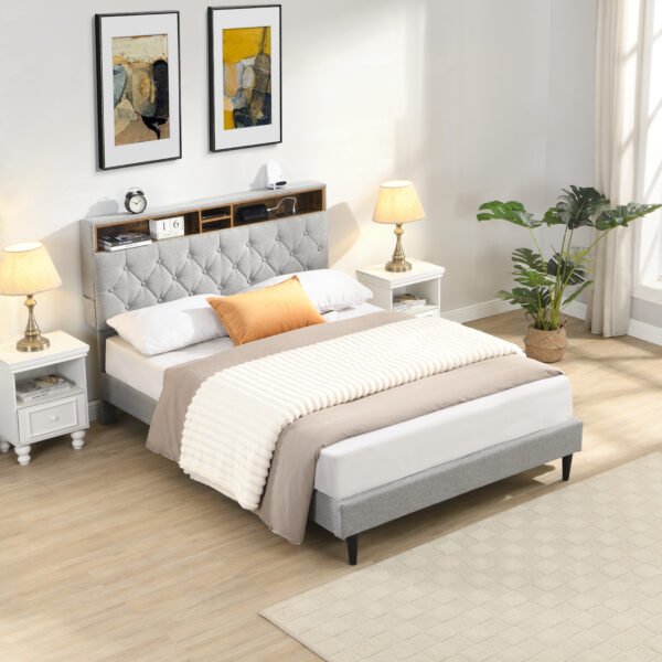 Queen-Size Upholstered Platform Bed Frame with a Modern Button-Tufted Linen Fabric Headboard,USB Ports,Convenient Charging Station,two side-mounted pockets,not require a box spring,Light Grey