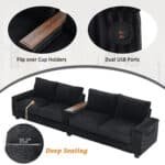 Corduroy Sofa Couch with USB Ports and Hidden Storage - 4-Seater - Black - Image 5
