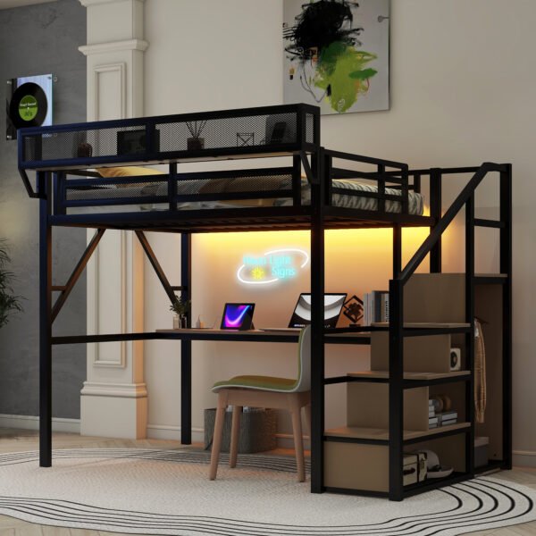 Full Loft Bed with Desk and Charging Station, Full Size Metal Loft Bed with Stairs and Light for Kids Teens, Black(Expect Arrival Date 2025/6/15)