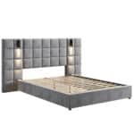 Velvet Queen Bed with Wide Headboard and USB Port - Grey - Image 5