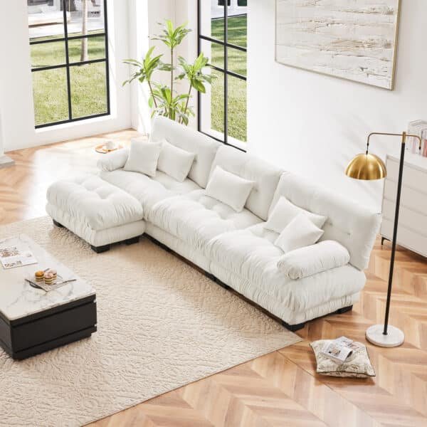 Chenille L-Shaped Modular Sofa with Convertible Ottoman and Bolster Armrests - White