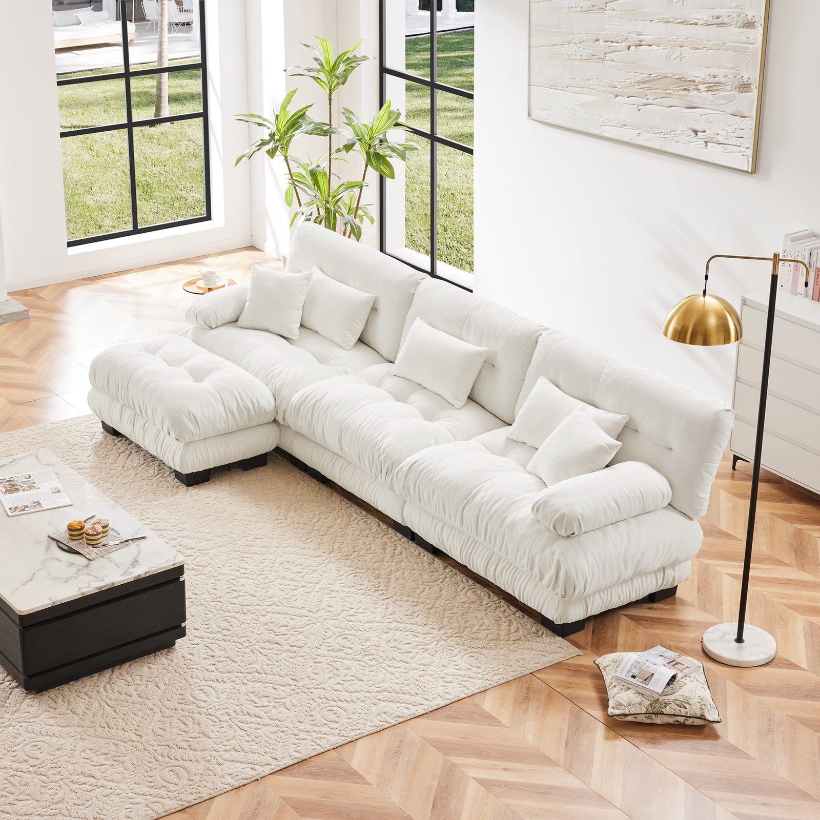 Chenille L-Shaped Modular Sofa with Convertible Ottoman and Bolster Armrests - White