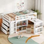 White Rubber Wood Loft Bed with Storage & Desk - Space-Saving Twin Design - Image 3
