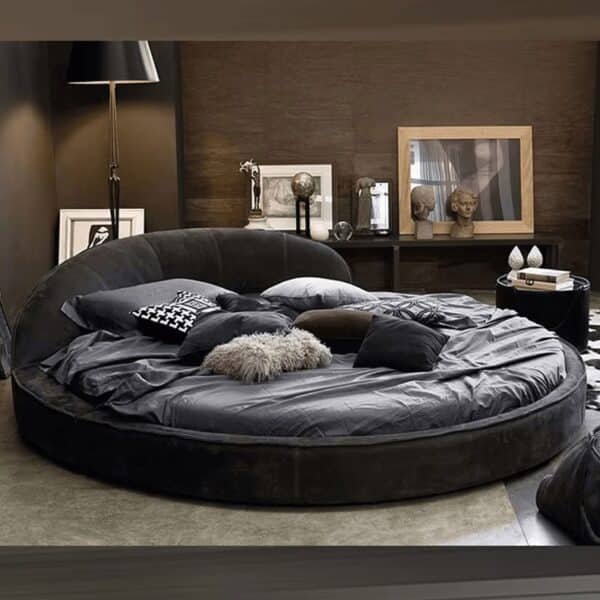 Round Leather Bed with Solid Wood Frame - Contemporary Design - Customizable Color
