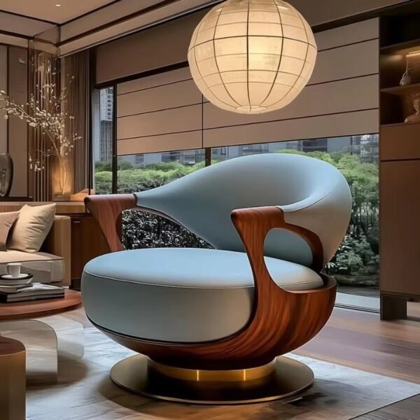 Solid Wood Lounge Chair with Genuine Leather Upholstery - Walnut