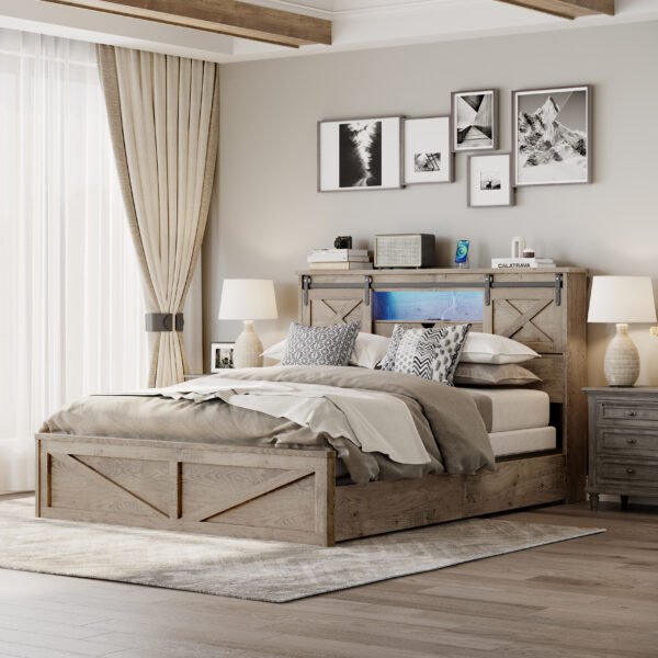 Farmhouse Bed Frame Queen Size with LED Lights and Charging Station, Wooden Queen Bed with 2 Storage Drawers, Rustic Headboard with Sliding Barn Door Storage Cabinets