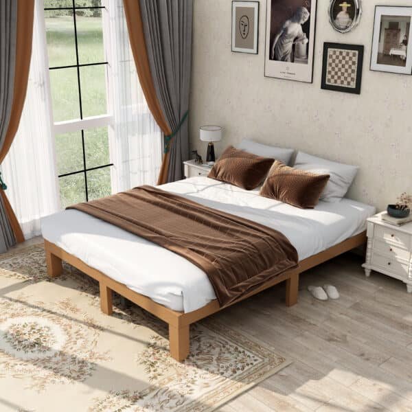 Solid Wood Platform Bed Frame with Slat Support - Queen Size - Natural Finish