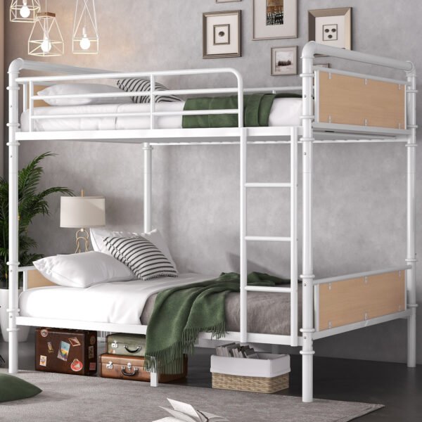 Twin XL over Twin XL Metal Bunk Bed, Industrial Detachable Bunkbeds with Safety Guard Rails for Teens, White