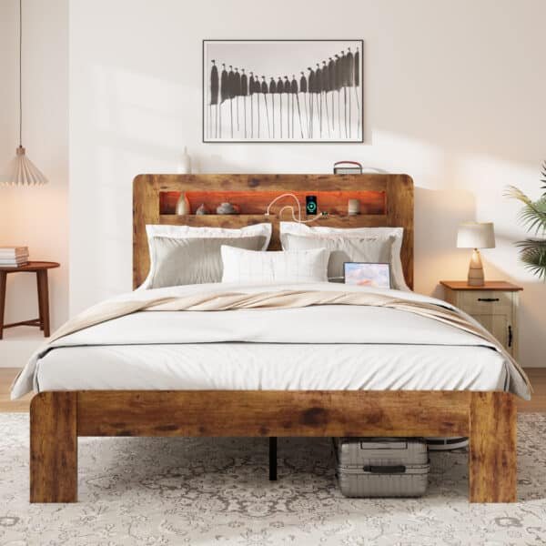 Wood Platform Bed Frame with LED Light Headboard and USB Charging Station - Dark Brown