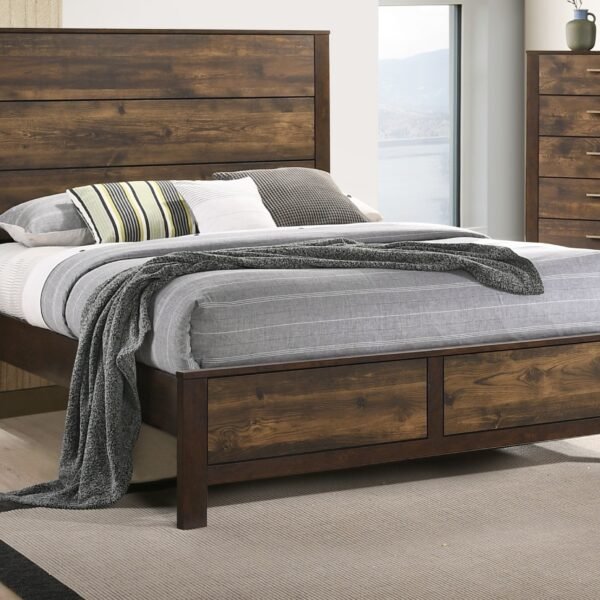 Mahogany Finish 1pc Queen Size Bed Simple Modern Bedframe Paper Laminate Wooden Bedroom Furniture