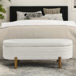 ⁦Foam Oval Storage Ottoman with Rubber Wood Legs - Beige⁩ - الصورة ⁦3⁩