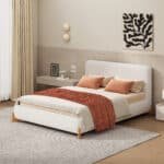 Upholstered Boucle Bed with Solid Wood Feet - White