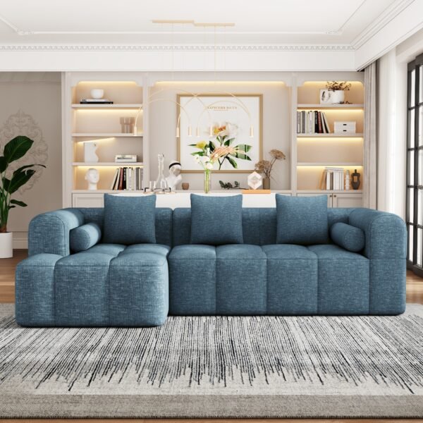 Chenille Fabric Modular Sectional Sofa with Deep Seating and Two Side Pockets - Blue