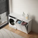 White Wooden Laundry Cabinet with Dual Sorting Hampers - Space-Saving Organizer