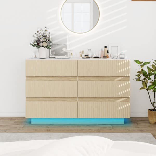Fluted Modern Double Dresser with LED Lighting and Drawer Organizer - Natural with Marble Pattern