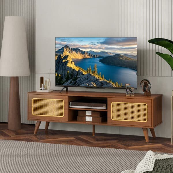 Premium Walnut Rattan Media Console - Stylish, Sturdy & Space-Saving Entertainment Center