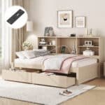 Particle Board Twin Size Bed Frame with Side Bookshelves and Built-in USB Port - Natural - Image 4