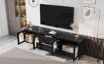 ⁦MDF Modern TV Stand with Fluted Glass Doors and Adjustable Metal Legs - Elegant Black⁩ - الصورة ⁦5⁩