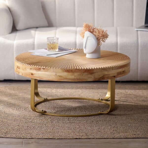 Natural Pine Round Coffee Table with Carved Design and Metal Legs - Golden