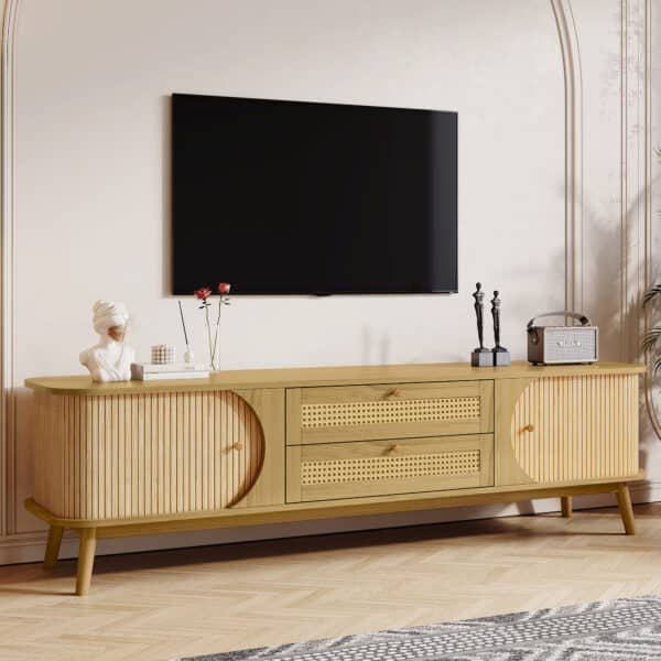 Rattan Media Console with Sliding Doors and Multifunctional Storage - Natural