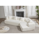 Boucle Fabric Modular Sofa with 4 Pillows - Creamy White - Image 3