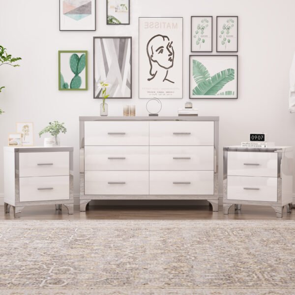 3-Pieces Sets,Dresser and Two Nightstands with Metal Handles and Mirror Decoration, Elegant and Subtle,White
