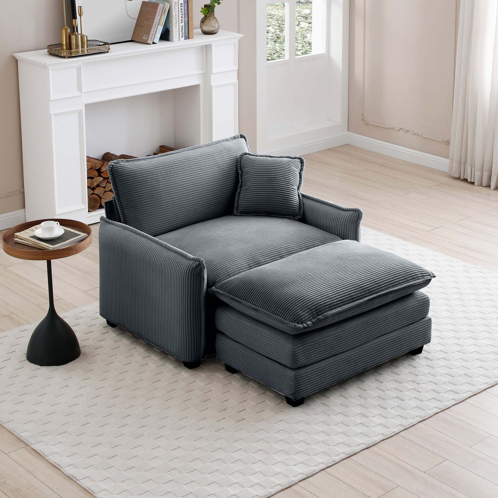 Single Deep Seat Sofa With Footstool With One Pillow, Suitable for Living Room and Bedroom, Club Multiple Occasions,Grey Corduroy