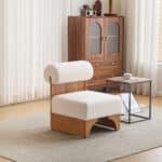 Boucle Lounge Chair with Rolled Backrest - Warm Wood Finish