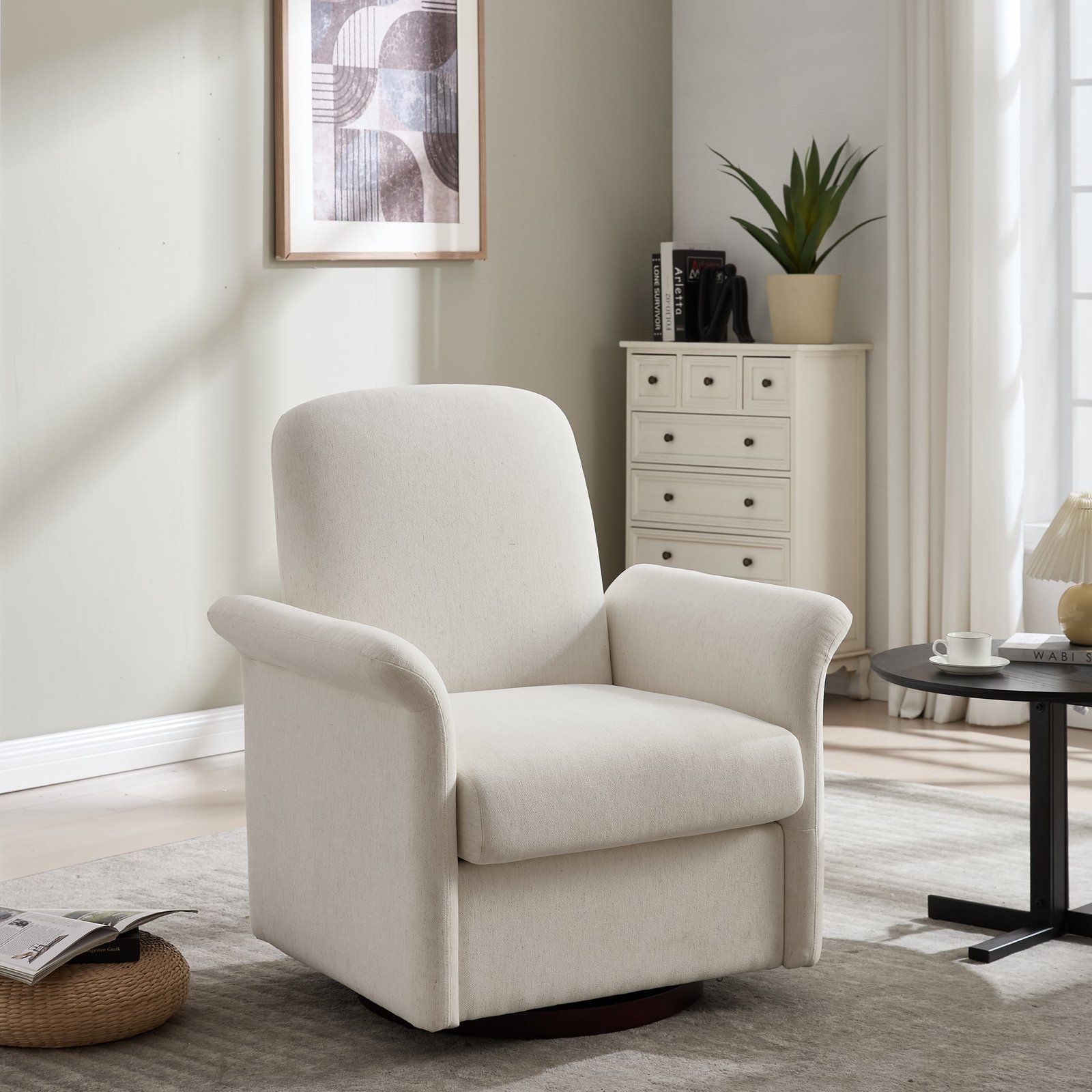 Linen Barrel Swivel Accent Chair with Solid Wood Base - Beige