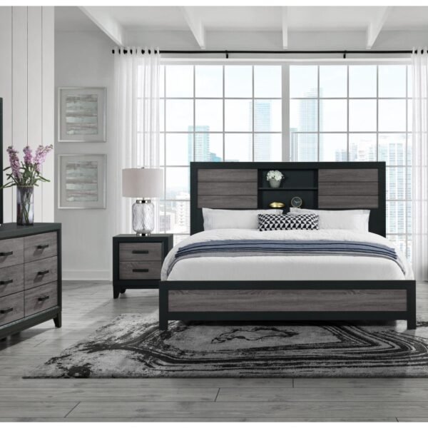 SOLUTO GREY AND BLACK BOOKCASE QUEEN BED
