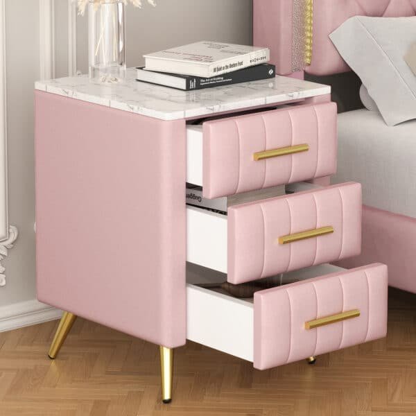 Velvet Upholstered Nightstand with 3 Drawers and Metal Legs - Pink