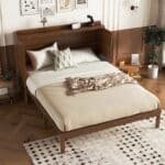 Walnut Pine Cabinet Bed – Space-Saving Murphy Bed with Power Station & Rattan Panel - Image 4
