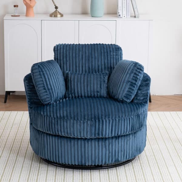 Blue Corduroy Barrel Chair - Comfortable 360° Swivel Accent Seat