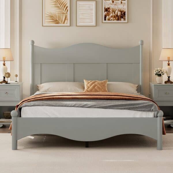 Solid Wood Queen Platform Bed Frame with Wooden Slat Support - Gray